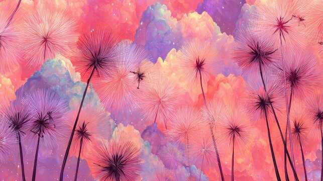 Dreamy Abstract Landscape with Colorful Clouds and Delicate Dandelion Flowers in Pink and Purple Hues
