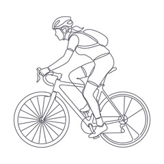 Naklejka premium vector line art illustration of a person riding a bicycle, isolated on white