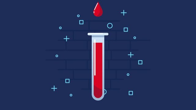 Medical test tube with red liquid and falling drop, science and healthcare motion graphic.
