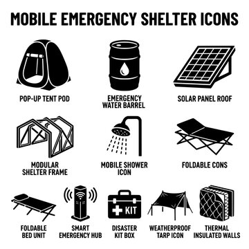 Emergency Shelter Icons Essential Disaster Relief and Preparedness Symbols.