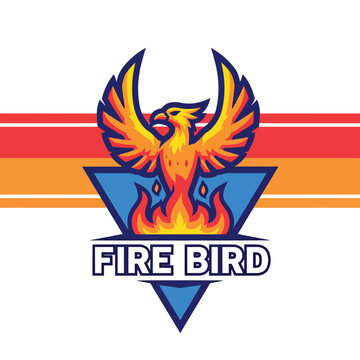 Phoenix bird logo design with fire flames and blue triangle emblem.