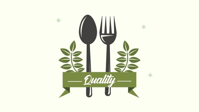Quality food symbol with spoon fork and leaves dynamic motion graphic animation.