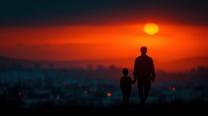 Fototapeta premium A silhouette of an adult and child holding hands, watching a vibrant orange sunset over a cityscape at dusk.