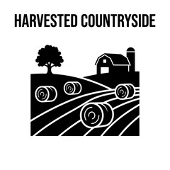 Obraz premium Harvested Countryside Silhouette Depicting Hay Bales and Barn.