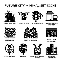Naklejka premium Minimalist Icons Depicting Future City Concepts and Smart Technologies.