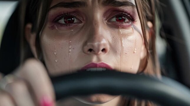 Woman driving while crying expressing emotional pain deep sadness and inner suffering
