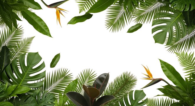 Tropical leaves and flowers border frame.