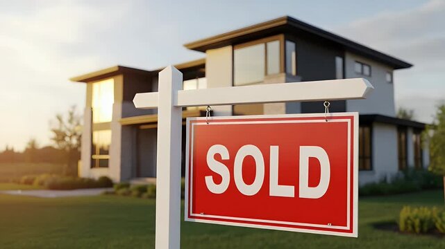Bright red sold sign standing proudly in the front yard of a modern luxury suburban house during the golden hour to indicate a successful real estate home transaction