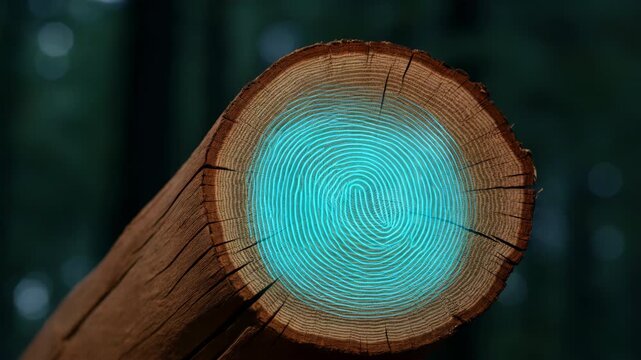Futuristic glowing fingerprint scan on a tree log cross-section