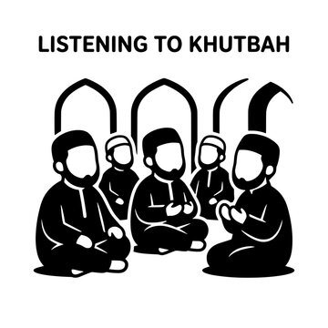 Muslim Men Listening to Khutbah Sermon in Mosque During Prayer.