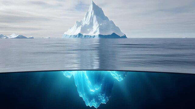 Massive iceberg floating in the deep blue ocean with a clear view of the frozen tip above the surface and the submerged bulk visible beneath the water line