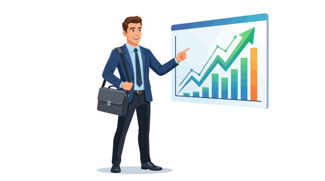 Confident businessman walking on an upward financial growth path with charts and dollar signs symbolizing profit and success in a dynamic market.