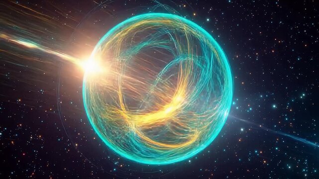 Vibrant Cosmic Energy Sphere Radiating Intense Light and Abstract Electromagnetic Fields in Deep Space