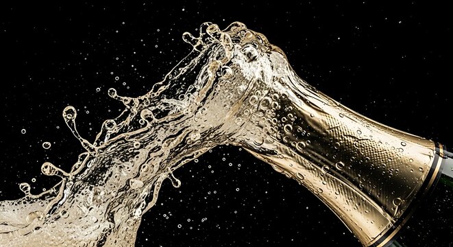 Champagne bottle splashing golden liquid with bubbles against a dark background