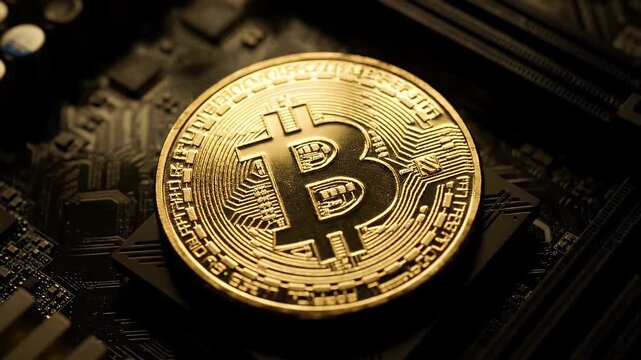 Golden bitcoin coin on a computer motherboard representing digital currency and mining