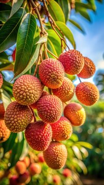 A realistic photo of Lychee fruit on the tree for picking