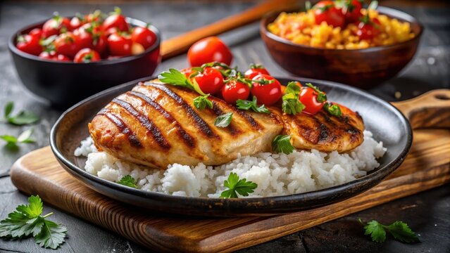 A realistic photo of Exquisite grilled chicken served with fluffy rice and vibrant tomato relish