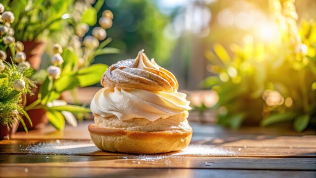 A realistic photo of Ensaimada with cream