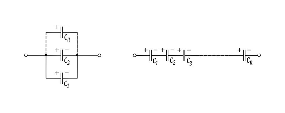 An educational physics diagram showing the series and parallel connection of capacitors with a battery.