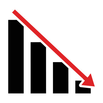 Minimalist bar chart with a downward trend line and arrow indicating financial decline or loss on a white background, financial loss concept