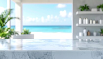 Fototapeta na wymiar Polished white marble table surface overlooking bright tropical beach view