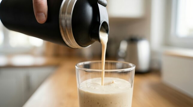 Person pouring a nutritious protein shake from a black shaker bottle into a glass in a kitchen setting