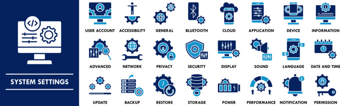 System Settings duotone icon collection set. Containing design settings, configuration, preferences, control panel, system configuration