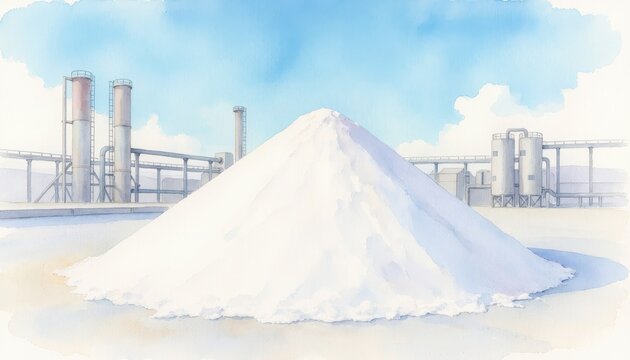 Large white pile of raw salt stored in front of an industrial chemical processing plant facility