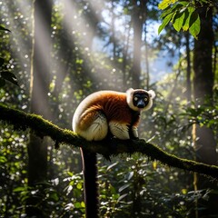 Naklejka premium Red ruffed lemur sitting on branch.