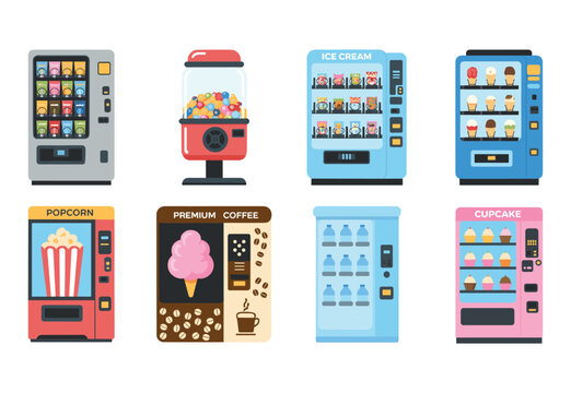 Modern vending machine illustration collection, colorful snack beverage dessert dispenser vector set for retail automation and convenience store design