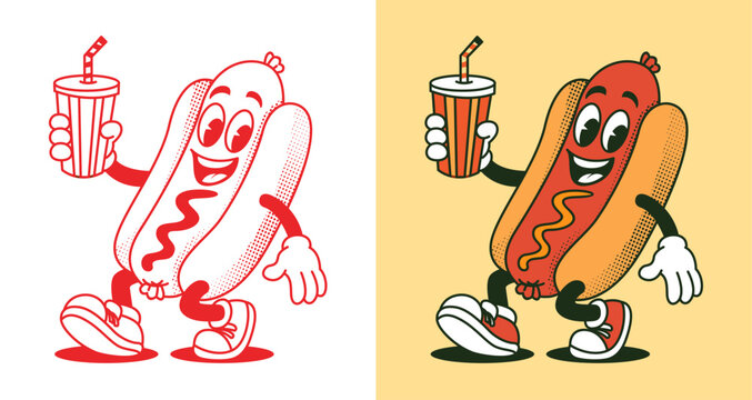 Retro hot dog mascot character in color and line art style, vintage cartoon vector for t-shirt design, poster, sticker and streetwear design
