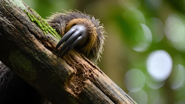 Closeup of a sloths claw gripping a tree branch in lush green forest.