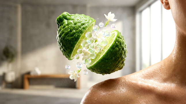 Surreal bergamot fruit with serum droplets and white flowers over woman shoulder