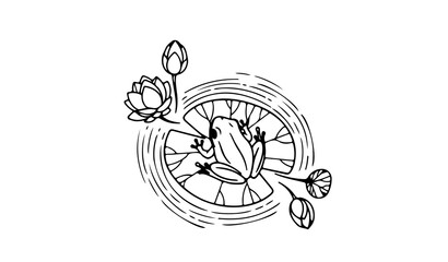 Line art illustration of a frog sitting on a water lily pad with lotus flowers © Majedul