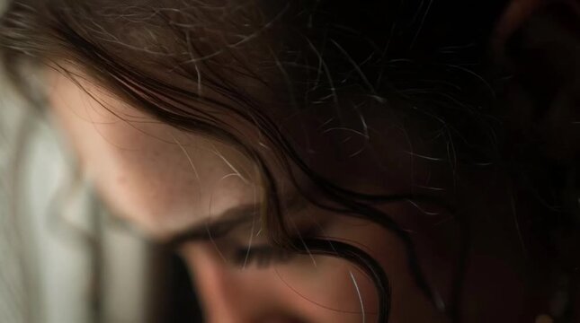 Close up of woman face looking through window while crying in moment of sadness and deep emotion