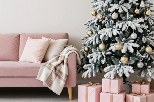 Soft pink couch beside a snowy Christmas tree. Christmas tree with gifts.