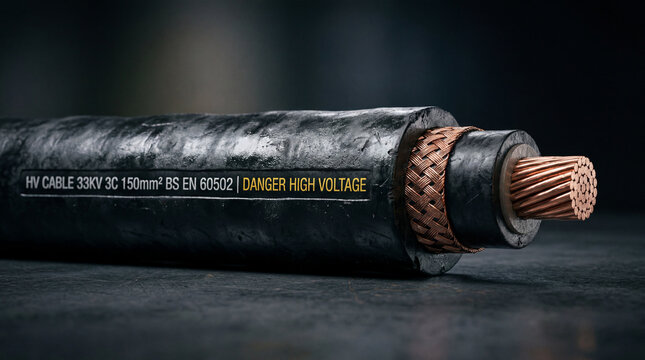 High Voltage Cable Close Up in Studio Light for Modern Electrical Engineering and Industrial Design