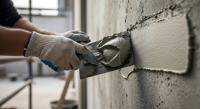 Person applying gray material to concrete wall with trowel indoors
