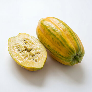 Rich Babaco Fruit With Striped Skin And Juicy Flesh Displayed On Clean White Background