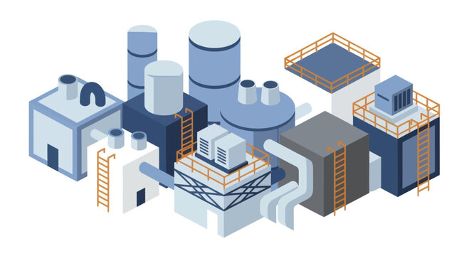 Isometric Industrial Manufacturing Plant Complex Illustration.
