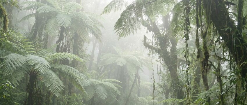 Dense jungle depths with immersive layers of ferns and towering trees creating a misty green wilderness environment in natural tropical light