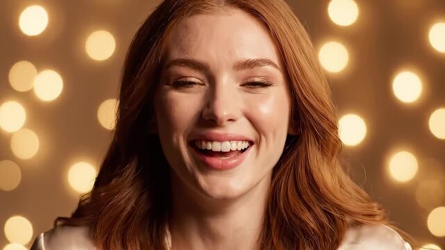 Joyful woman laughing with bokeh lights background, 4k video