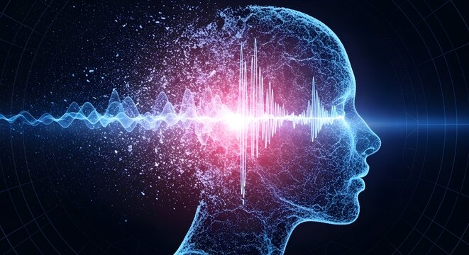 Abstract visualization of sound waves interacting with the human mind, representing auditory perception and neural processing