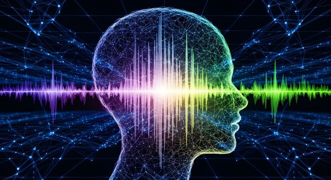 Artificial intelligence visualizing sound waves within a human silhouette against a backdrop of neon network lines and abstract connections, representing auditory perception and cognitive processing