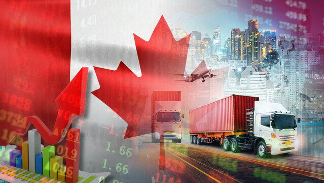 Canada's freight transport sector is thriving. Illustrated by the Canadian flag, set against a backdrop of a city, cargo planes taking off, and container trucks, the upward-pointing red arrow 
