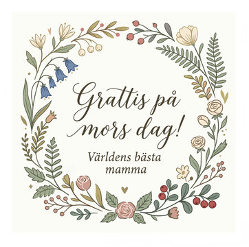 "Grattis p&aring; mors dag" Swedish text, elegant floral wreath illustration for Swedish Mother&rsquo;s Day greeting