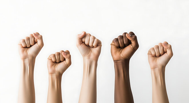 Diverse fists raised high in solidarity and strength together in unity and hope