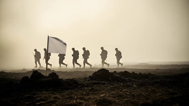 Silhouetted soldiers marching with a white flag symbolizing surrender or truce in a desolate, atmospheric landscape during daytime.