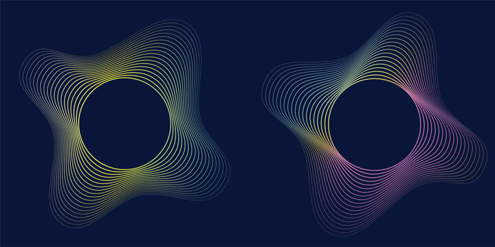 Sound wave, circular equalizer icons, round music soundwave shape, concentric energy burst. Vector illustration.