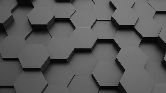 A dark gray abstract background featuring a geometric pattern of 3D hexagonal shapes